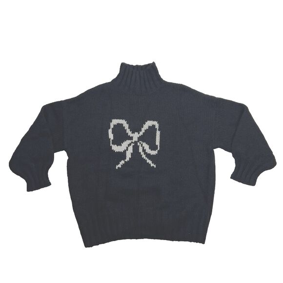 Lisa Says Gah Cece Turtleneck Sweater Size M/L Black Ink Bow Knit Oversized Cozy - Picture 6 of 14